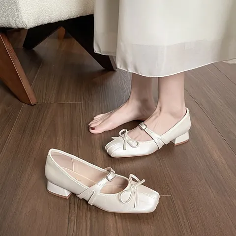 Women's French Vintage Square Toe Mary Jane Shoes With Bow Chunky Heel Microfiber Leather Ankle Strap Elegant Dress Pumps