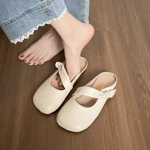 Women's Casual Pointed Round Toe Mules Flat Slip-on Slippers With Bow Knot Microfiber Leather Comfortable Summer Outdoor Half Shoes