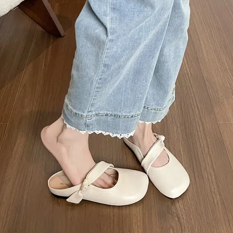Women's Casual Pointed Round Toe Mules Flat Slip-on Slippers With Bow Knot Microfiber Leather Comfortable Summer Outdoor Half Shoes