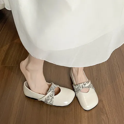 Women's French Mary Jane Flats Microfiber Round Toe Ballet Shoes Floral Cross Strap Soft Sole Daily Slip On Walking Shoes