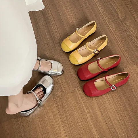 Women's French Retro Mary Jane Flats Round Toe PU Microfiber Inner Rubber Sole Buckle Ballet Shoes Red Silver Yellow