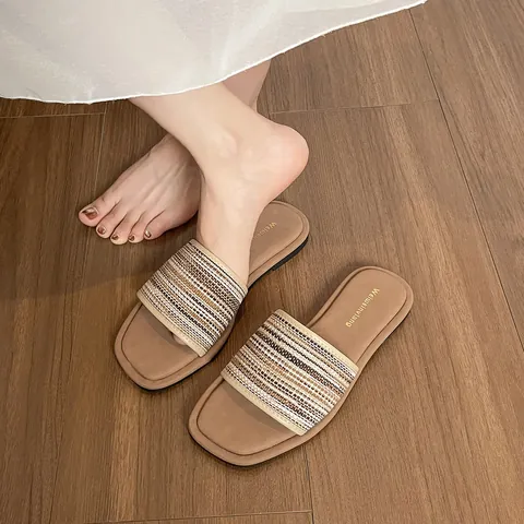 Chanclas Planas Tejidas Bohemias Retro para Mujer a Rayas Parte Superior de Lino Transpirable Suela de Goma Casual Verano Playa Exterior