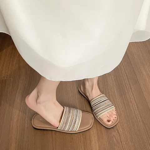 Chanclas Planas Tejidas Bohemias Retro para Mujer a Rayas Parte Superior de Lino Transpirable Suela de Goma Casual Verano Playa Exterior