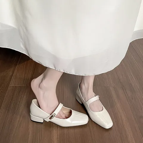 Women's French Retro Mary Jane Shoes Square Toe Microfiber Leather Chunky Mid Heel Shallow Buckle Pumps For Daily Work Office
