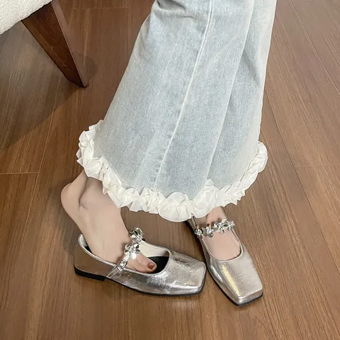 French Style Rhinestone Floral Mary Jane Shoes For Women Square Toe Microfiber Leather Flat Shoes Silver Apricot Ballet Flats For Party Daily