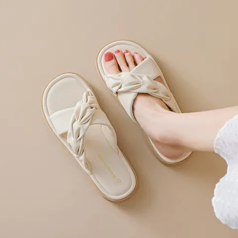 Women's Casual Twist Knot Slide Sandals Flat Thick Sole Non-Slip Summer Beach Shoes Microfiber Upper Comfortable Slippers