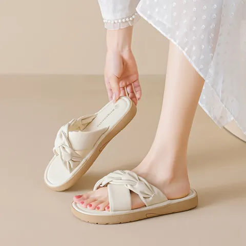 Women's Casual Twist Knot Slide Sandals Flat Thick Sole Non-Slip Summer Beach Shoes Microfiber Upper Comfortable Slippers