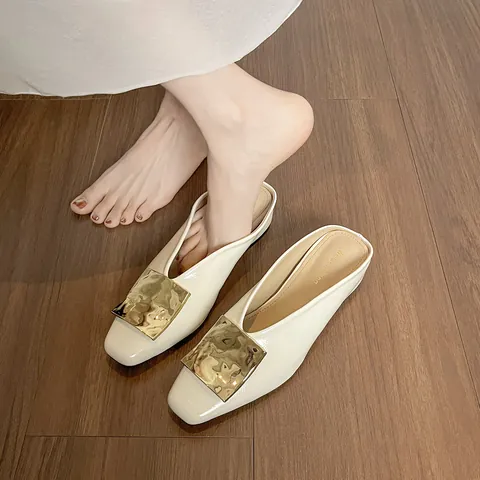 Women Retro Square Toe Flat Mules Microfiber Leather Loafers Large Metal Buckle Elegant Backless Slippers For Casual Work Party