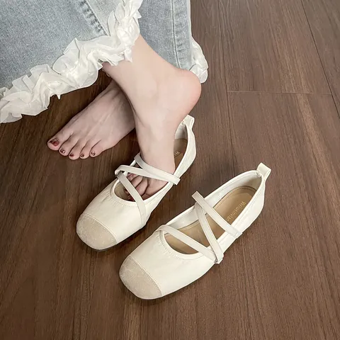 French Style Vintage Mary Jane Ballet Flats For Women Microfiber Leather Cross Strap Color Block Square Round Toe Flat Shoes
