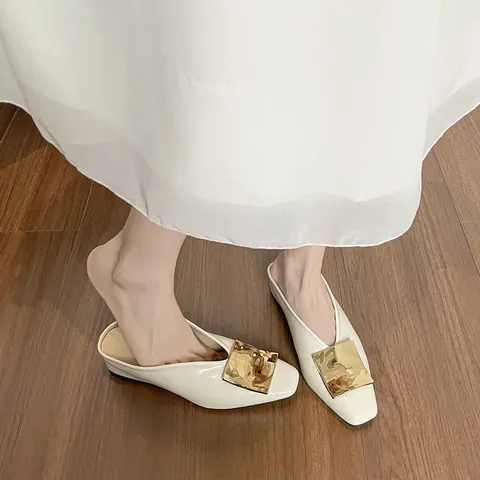 Women Retro Square Toe Flat Mules Microfiber Leather Loafers Large Metal Buckle Elegant Backless Slippers For Casual Work Party
