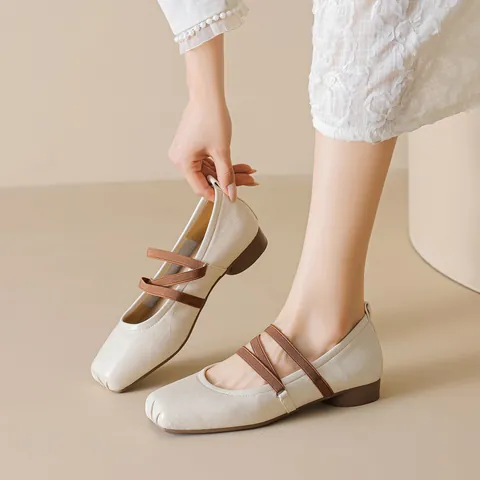 French Vintage Women's Mary Jane Shoes Square Toe Microfiber Leather Flats With Elastic Cross Straps Low Heel Casual Shoes