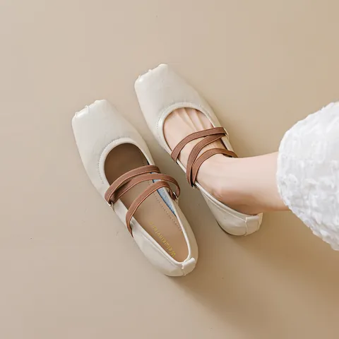 French Vintage Women's Mary Jane Shoes Square Toe Microfiber Leather Flats With Elastic Cross Straps Low Heel Casual Shoes
