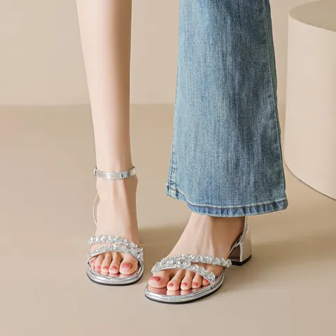 Women's Elegant Rhinestone Block Heel Sandals Ankle Strap Microfiber Mid Heel Silver Apricot Wedding Party Dress Shoes