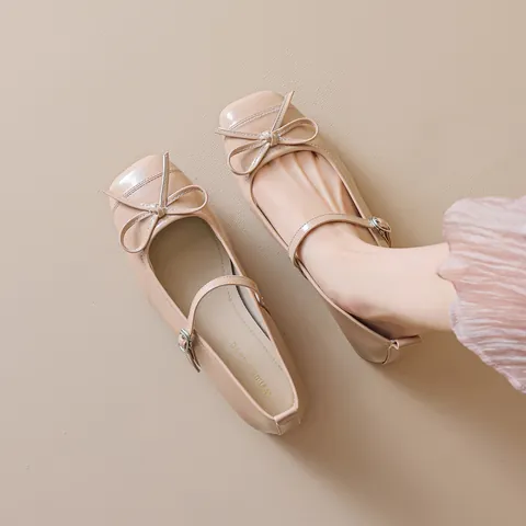 Women's French Bow Square Toe Mary Jane Shoes Low Block Heel PU Leather Elegant Comfort Daily Walking Dress Shoes