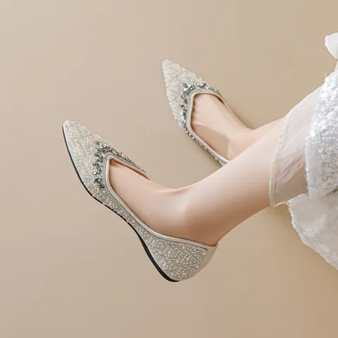 French Style Artificial Pearl Rhinestone Flat Shoes Elegant Pointed Square Toe Ballet Flats Comfortable Shallow Mouth Wedding Party Shoes