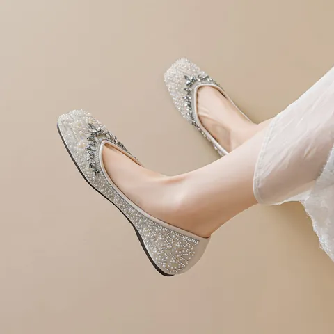 Women's Elegant Artificial Pearl Rhinestone Ballet Flats Square Toe Pointed Toe Soft Slip-on Wedding Banquet Party Dress Shoes