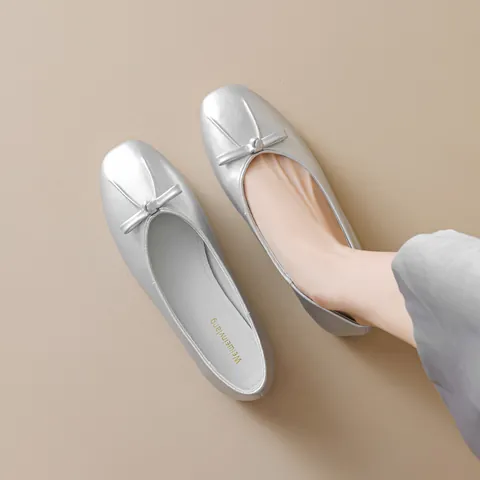 Women French Bow Ballet Flats Soft Microfiber Round Toe Shallow Mouth Slip On Casual Commuting Comfort Low Heel Single Shoes
