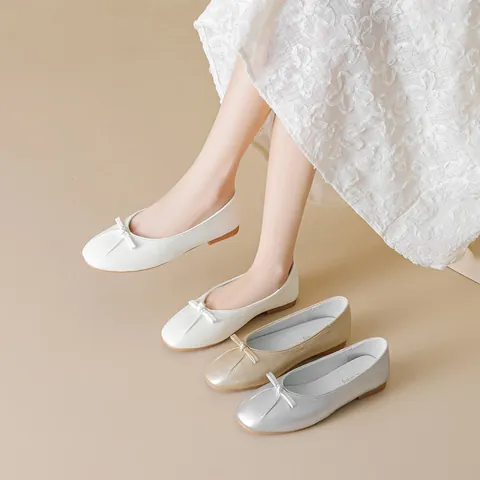 Women French Bow Ballet Flats Soft Microfiber Round Toe Shallow Mouth Slip On Casual Commuting Comfort Low Heel Single Shoes