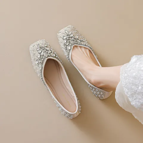 Elegant Rhinestone Artificial Pearl Wedding Flat Shoes For Women Microfiber Square Pointed Toe Soft Sole Bridal Party Dress Shoes