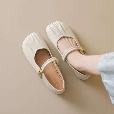 Zapatos Planos Mary Jane Vintage Francés para Mujer Punta Redonda Plisada Cuero Microfibra Tacón Bajo Correa con Hebilla