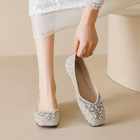 Elegant Rhinestone Artificial Pearl Wedding Flat Shoes For Women Microfiber Square Pointed Toe Soft Sole Bridal Party Dress Shoes