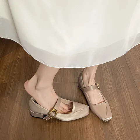 Women French Satin Square Toe Mary Jane Shoes Retro Elegant Chunky Mid Heel Metal Buckle Ankle Strap Dress Shoes For Wedding Party