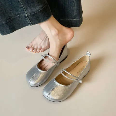 Women's Tabi Split Toe Mary Jane Flats French Vintage Silver Beige Rhinestone Strap Microfiber Leather Casual Comfortable Shoes