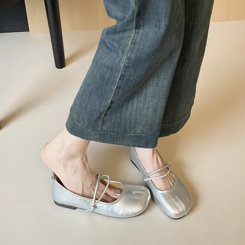 Women's Tabi Split Toe Mary Jane Flats French Vintage Silver Beige Rhinestone Strap Microfiber Leather Casual Comfortable Shoes