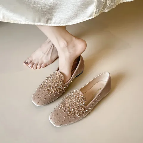 Luxury Rhinestone Suede Flat Loafers For Women French Style Crystal Beaded Slip On Ballet Flats Elegant Suede Party Dress Shoes