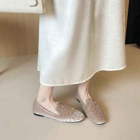 Luxury Rhinestone Suede Flat Loafers For Women French Style Crystal Beaded Slip On Ballet Flats Elegant Suede Party Dress Shoes