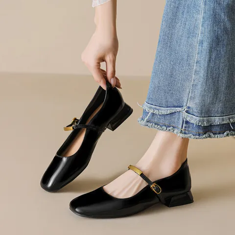 Women Retro Mary Jane Shoes Patent Leather Round Toe Chunky Low Heel Pumps French Style Buckle Strap Casual Dress Shoes For Women