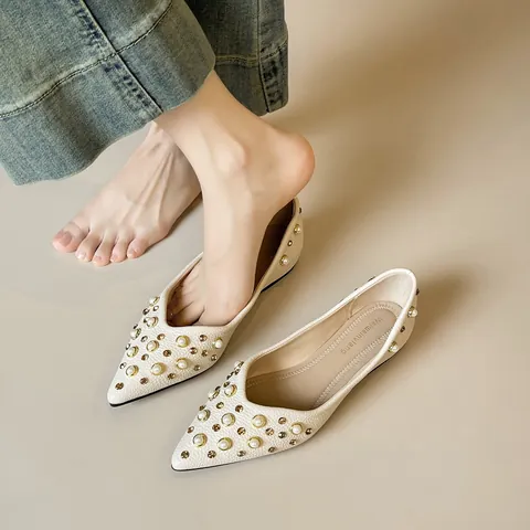 Zapatos Planos Vintage Francés para Mujer Punta Estrecha Elegantes Perla de Imitación Strass Tachonado Cuero Microfibra Suela Blanda Antideslizante