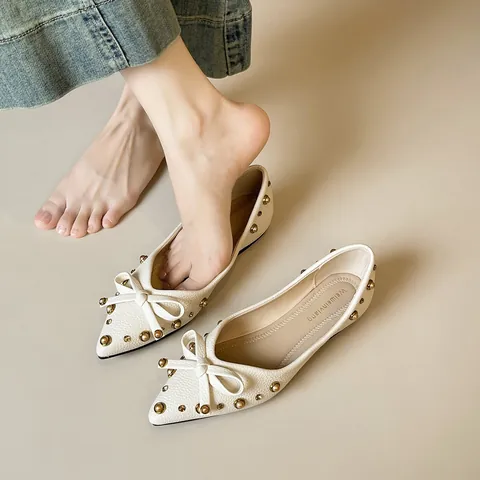 Women Pointed Toe Ballet Flats Microfiber Leather Shoes With Bow Pearl Metal Rivet French Elegant Casual Soft Flat Shoes