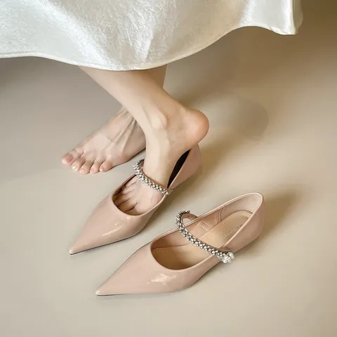 Women French Vintage Patent Leather Mary Jane Flats Elegant Pointed Toe Single Shoes With Rhinestone Pearl Strap Party Shoes