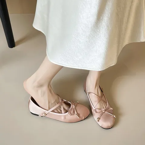 French Style Women Mary Jane Ballet Flats Satin Metallic Round Toe Cross Strap Bow Flat Shoes Vintage Elegant Shoes