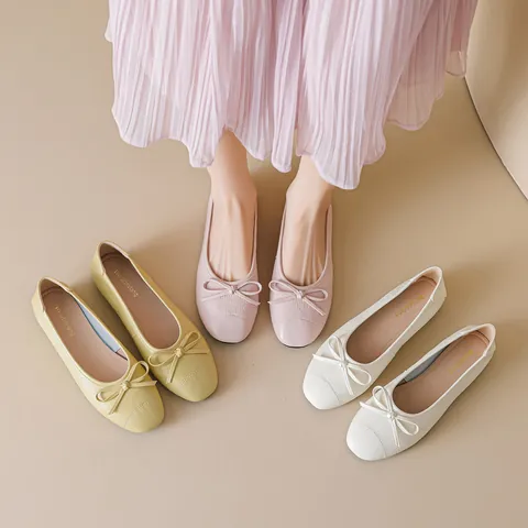 Women French Style Ballet Flats Microfiber Soft Sole Round Toe Low Heel Walking Shoes Bow Decor Elegant Single Flats