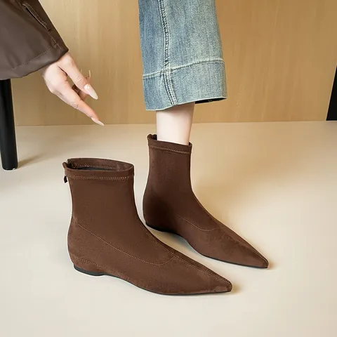 Women Pointed Toe Sock Boots Flat Heel Suede Ankle Boots With Back Zipper Comfortable Solid Color Slimming Short Boots Elegant Shoes