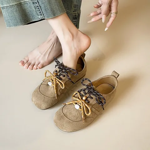 Women Retro Frosted Leather Flat Shoes Round Toe Casual Loafers Double Laces Beads British Style Walking Single Shoes