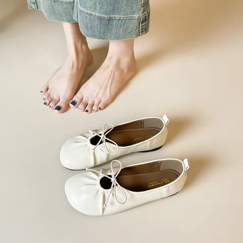 Women French Ballet Flats Round Toe Bow Microfiber Pleated Casual Slip-On Walking Shoes Beige Black Soft Sole Flat Shoes
