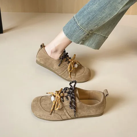 Women Retro Frosted Leather Flat Shoes Round Toe Casual Loafers Double Laces Beads British Style Walking Single Shoes