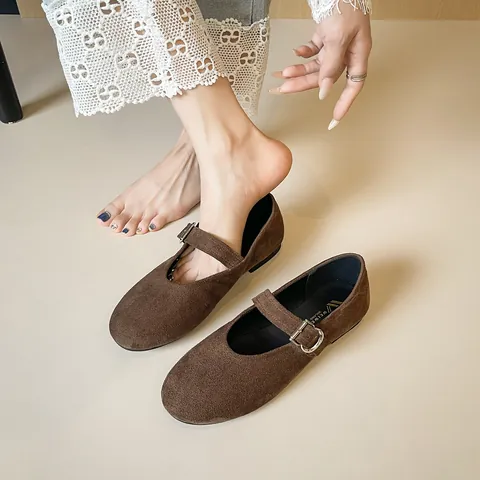 Vintage Suede Round Toe Mary Jane Shoes For Women Comfortable Buckle Strap Flat Shoes Casual Low Heel Walking Shoes