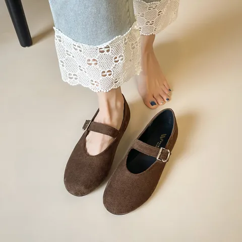 Vintage Suede Round Toe Mary Jane Shoes For Women Comfortable Buckle Strap Flat Shoes Casual Low Heel Walking Shoes