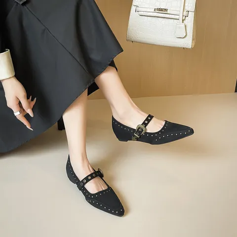 French Vintage Pointed Mary Jane Flats For Women Suede Rivet Buckle Strap Invisible Height Increasing Casual Shoes