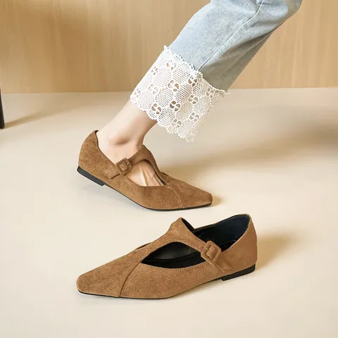 Women Retro Pointed Toe Mary Jane Flats Suede T-Strap Buckle Shoes Minimalist Comfortable Soft Sole Daily Casual Fashion Flat Shoes