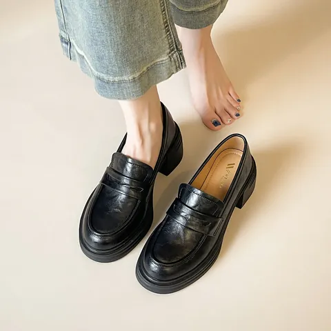 Mocasines de Plataforma Vintage para Mujer Estilo Británico Tacón de Bloque Cuero Microfibra Punta Redonda Zapatos Casuales
