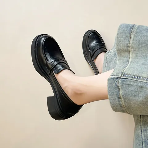 Mocasines de Plataforma Vintage para Mujer Estilo Británico Tacón de Bloque Cuero Microfibra Punta Redonda Zapatos Casuales