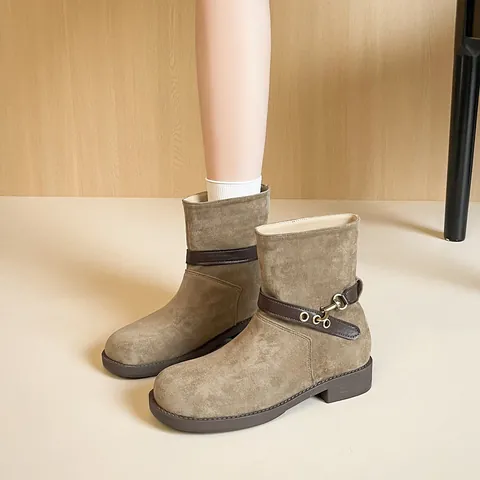 Women's Casual Suede Ankle Boots With Buckle Belt Round Toe Low Block Heel Vintage Slip-On Fashion Autumn Winter Shoes
