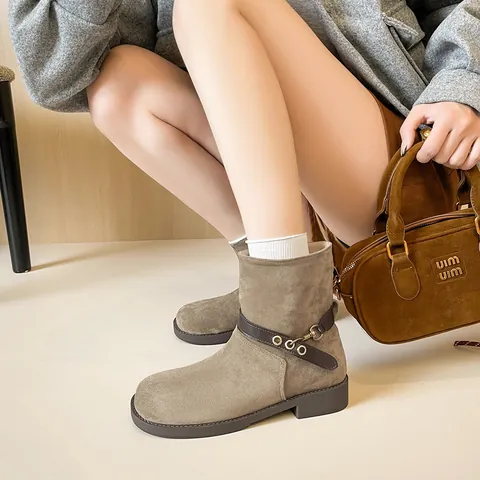 Women's Casual Suede Ankle Boots With Buckle Belt Round Toe Low Block Heel Vintage Slip-On Fashion Autumn Winter Shoes