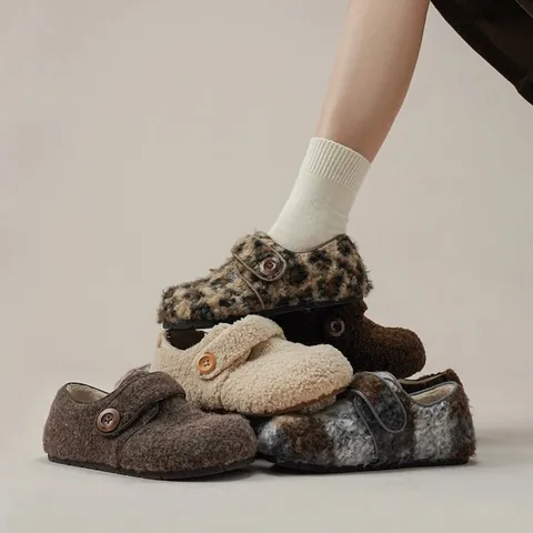Chaussures Mary Jane en Peluche Chaude pour Femmes Automne Hiver Sabots Imprimé Léopard Laine d'Agneau Artificielle Semelle Épaisse Velcro Mocassins Décontractés