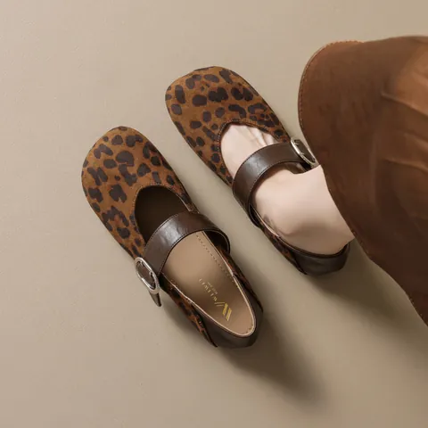 Vintage Leopard Print Mary Jane Flats For Women Suede Round Toe Buckle Strap Casual Ballet Shoes Apricot Coffee Black